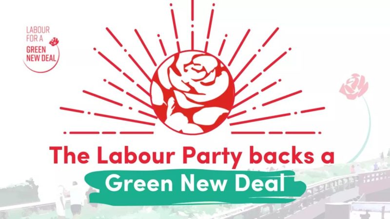 picture of red rose and text beneath: labour Party backs Green New Deal